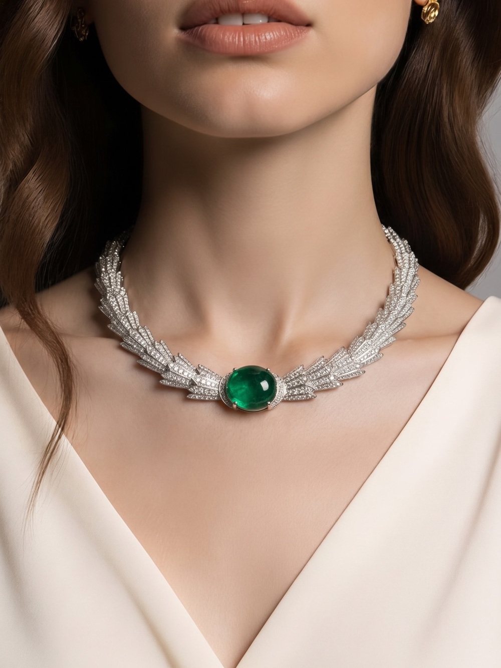 Luxury Green Cabochon & Silver Crystal Statement Necklace set